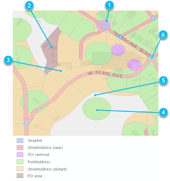 Buffers illustrating the search tolerance of different feature types for reverse geocoding